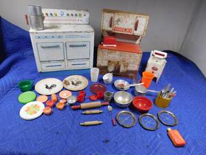 lot 332 image: Vintage childs metal stove, cupboard and more