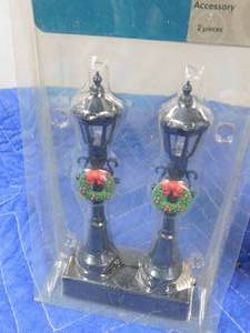 lot 338 image: Dept. 56 village accessories and 2 sets of light-up lamp posts