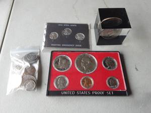 One Dollar Ike Paper Weight, 1973 Proof Set, 1943 Steel Cent Set, Assorted US Coins & Gold Plated Coins