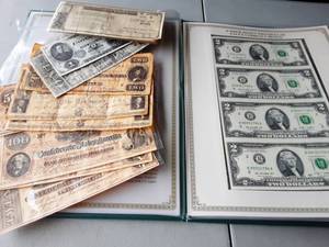Two Dollar Notes Portfolio Of Uncut $2 Bills & A Collection Of Replica Confederate Bills