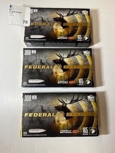 lot 78 image: (3) Federal Premium Trophy Bonded Tip 308 Win 180 Grain - 20 rounds
