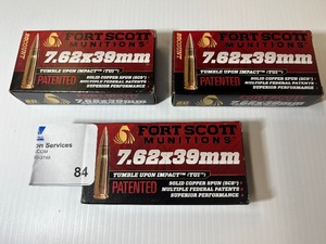 lot 84 image: (3) Fort Scott Munitions 7.62x39mm Tumble Upon Impact (TUI) - 117gr Solid Copper Spun, 20 RD