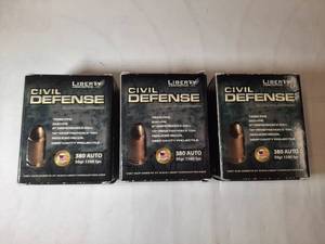 lot 93 image: (3) Liberty Ammunition Civil Defense 380 Auto 50gr - 20 rounds