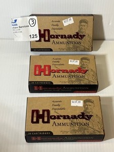 lot 125 image: (3) Hornady 8152 Custom 6.5 Grendel 123 gr SST 20 Round Box