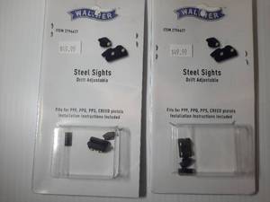 lot 399 image: (2) Walther Steel Sights Drift Adjustable Fits for P99, PPQ, PPS, Creed Pistols