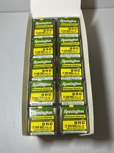 lot 1250 image: (1) case of Remington 500 Magnum Rimfire Cartridges, 22 WIN MAG, 40 GR, JHP, Muzzle Velocity 1910
