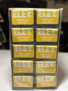 lot 1274 image: 1 pack of Eley Target Ammo, .22LR 40 gr., 50 RDS, 10 boxes of 50 in the pack.