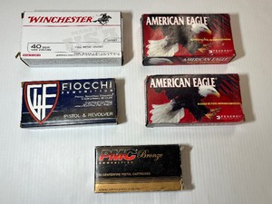 lot 1298 image: (5) boxes of 40 S&W Ammo Winchester, American Eagle, Fiocchi, PMC Bronze