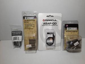 lot 1360 image: (4) Firearm Accessories Maxim Accessory M-Rax Hand Stop, Blackhawk Rail Cover and Thumb Rest Magpul Sling Attachment