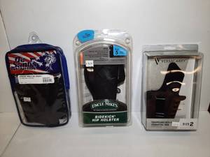 lot 1414 image: (3) Firearm Holsters DeSantis Apache Ankle Rig  Uncle Mikes Sidekick Hip Holster Versacarry Compound Gen II Essential IWB