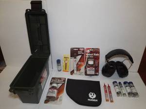 lot 1443 image: (14) Firearm Accessories Ammo Can, Leightning Muffs Birchwood Stains, Hoppes Phosphor Bronze Brush Ruger Pouch