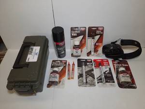 lot 1445 image: (11) Firearm Accessories Ammo Can, Muffs (7) Birchwood products ( 2) Tectyl 900 Water Displacing Lubricant.
