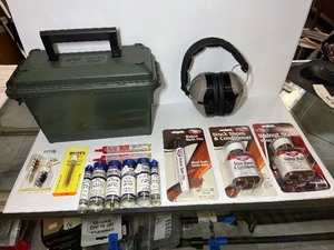lot 1441 image: (15) Firearm Accessories Ammo Can, Walkers Muff, Birchwood stains, Gunslick, Otis Brush, Hoppes Bronze Brush, Tectyl 900