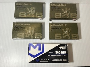 lot 1491 image: Boxes of 300 Blackout Subsonic Tactical Ammunition, 20 Ads per box. (4) Sellier & Bellot (1) MAXIM 190GR TU