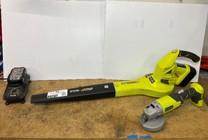 lot 1514 image: (2) Ryobi Tools Ryobi Cordless Blower, P102 Charger Ryobi P4221 18v 4-12 Cordless Angle Grinder Tool