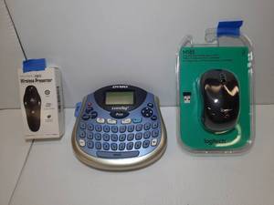lot 1523 image: Wireless Presenter, Dymo Letratag Label Maker, Logitech M185 optical mouse