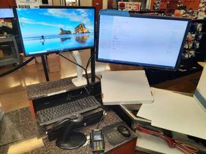 lot 1601 image: (9) Technology POS Equipment HP Elite 8300 USFF Desktop PC PAX S300 Retail Pin Pad, Monitors