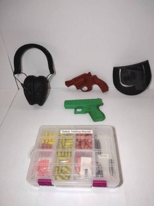 lot 1584 image: Pistol Training Equip Glock 380 Auto Red S&W Revolver & holster 380 Trainer Bullets Walker Muffs.