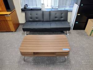 lot 87A image: Black Armless Sofa with Metal Legs offee Table with 2 Hidden Drawers
