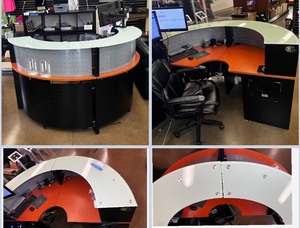 lot 813 image: Stellar Curved Glass Top Reception Desk and (1) chair