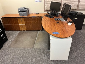 lot 100B image: Contemporary Oval Desk, Credenza Lateral File and 3-drawer Filing Cabinet