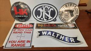 lot 1672 image: Brand Signs H&K FNH GLOCK Warning You are in Range Walther Ruger