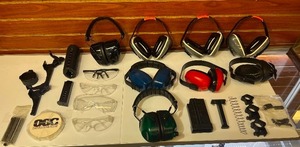 lot 1598 image: (8) Hearing Protection Muffs and other gun parts.