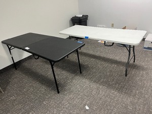 lot 1611 image: (2) folding tables,, 72W X 30 D X 29 T. The white is marked COSCO