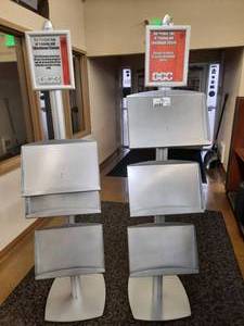 lot 1673 image: 8 12 x 11 Frame Floor Sign Stand. Display stand includes three steel literature trays