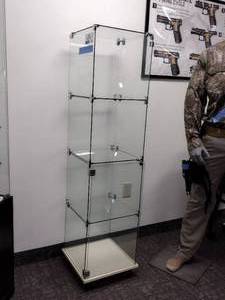lot 1722 image: Glass Square Tower Display Case on wheeled Base