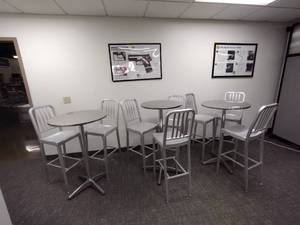 lot 608 image: (3) Aluminum round bar-height tables (8) 30 High Silver Metal Barstools