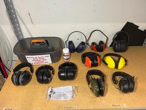 lot 1743 image: (10) Hearing Protection Muffs, Walkers, Impact Sports Foam Ear Plugs Tote Caddy