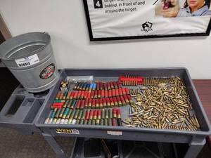 lot 1729 image: Behrens Steel Pail, Remington Power Loads 4 Large lot of Shells and bullets