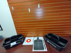 lot 1752 image: Left-handed Shooter Targets, approx 21 (2) Silhoette Targets (2) Tool Caddies