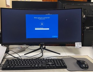 lot 1795 image: HP Elite Desk PC Viotek Freestanding Curved Monitor BT Keyboard