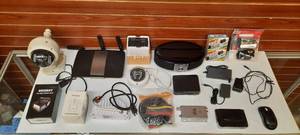 lot 1872 image: Adapters, Camera, Mouse, Linksys, Cables, Bluetooth speaker, AV Receiver, Splitters
