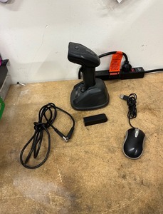 lot 1912 image: EOM-POS Cordless Wireless Barcode and UPC code ScannerReader D-linkFast Ethernet adapter Mouse.