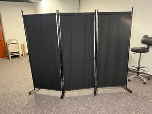 lot 1920 image: Black Folding Tri-fold Divider Screen on wheels, Measures overall 88 W X 72 H