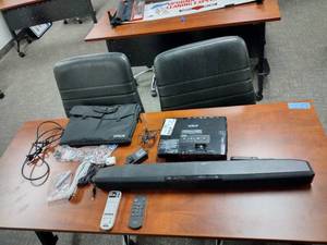lot 609 image: Epson WXGA 3LCD Widescreen portable projector Insignia Sound Bar Speaker.