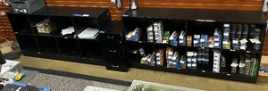 lot 1771 image: (2) 72 inch wide storage cubby-hole units (1) Black metal filing cabinet