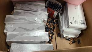 lot 65 image: Box of Loose Office Supplies, Batteries, pens and tissue