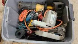 lot 90 image: Grey tote of used handheld tools. Sold As Is