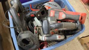 lot 92 image: Blue tote of used handheld tools. Sold As Is