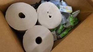 lot 127 image: Box of Misc Office Supplies and Paper Towels