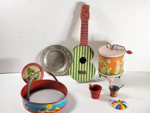 lot 384 image: Vintage Tin Toys, Ukulele, Washer, Pails,