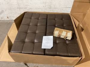lot 8 image: SIMPLIHOME Harrison 36 inch Wide Square Coffee Table Lift Top Storage Ottoman in Distressed Umber Brown Tufted Faux Leather