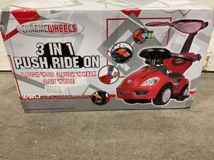 lot 406 image: ChromeWheels 3-in-1 Red Ride on Pushing Car with Removable Sun Visor