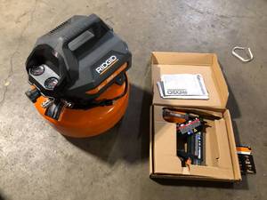 RIDGID 6 Gal. Electric Pancake Air Compressor and Pneumatic 18-Gauge 2-18 in. Brad Nailer Customer Returns See Pictures