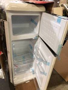 FRIGIDAIRE EFR756-CREAM EFR756, 2 Door Apartment Size Retro Refrigerator with Top Freezer, Chrome Handles, 7.5 cu ft, Cream Customer Returns See Pictures