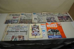 lot 119 image: 1987 World Series Ticket Stub and Program with Wheaties Box and Newspapers